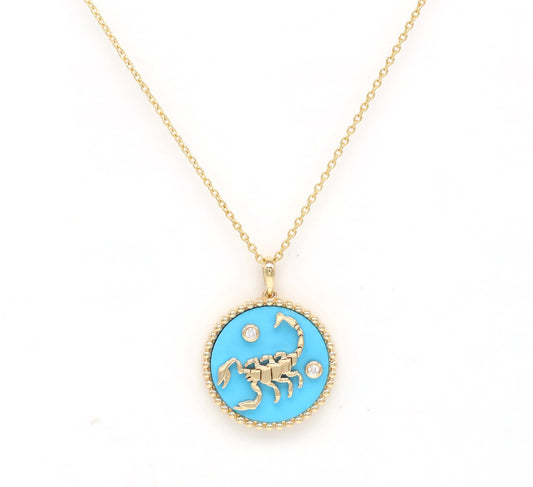 14K Gold Turquoise & Diamond Scorpio Horoscope Medallion