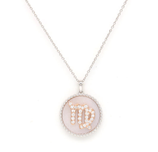 14K Gold Pink Mother of Pearl & Diamond Virgo Zodiac Medallion