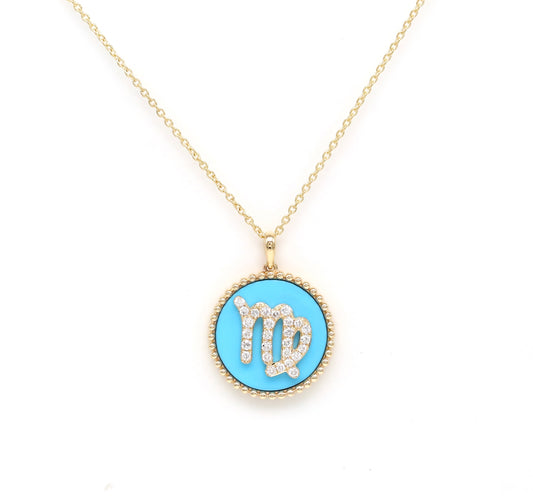 14K Gold Turquoise & Diamond Virgo Zodiac Medallion