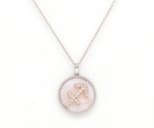 14K Gold Pink Mother of Pearl & Diamond Sagittarius Zodiac Medallion