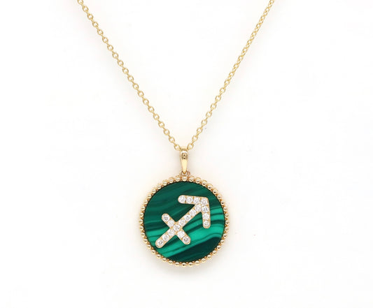 14K Gold Malachite & Diamond Sagittarius Zodiac Medallion