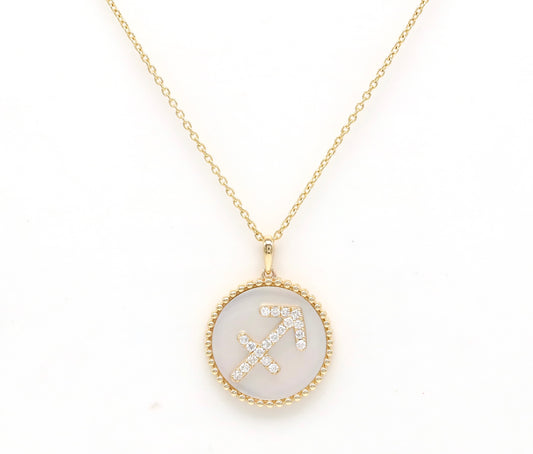 14K Gold White Mother of Pearl & Diamond Sagittarius Zodiac Medallion