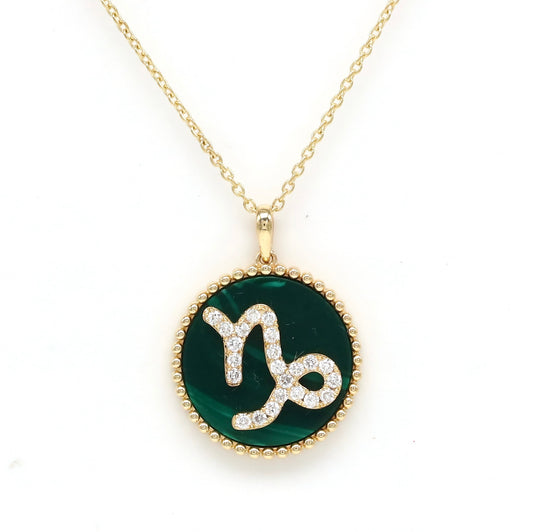 14K Gold  Malachite & Diamond Capricorn Zodiac Medallion