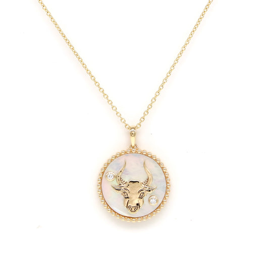 14K Gold White Mother of Pearl & Diamond Taurus Horoscope Medallion