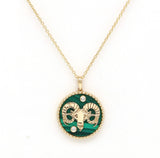 14K Gold Malachite & Diamond Aries Horoscope Medallion