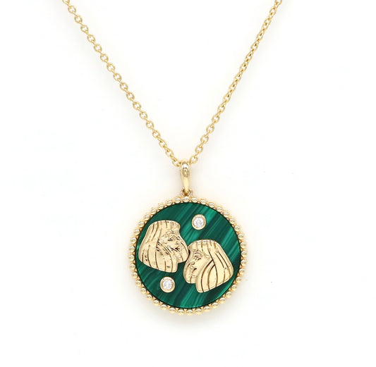 14K Gold Malachite & Diamond Gemini Horoscope Medallion