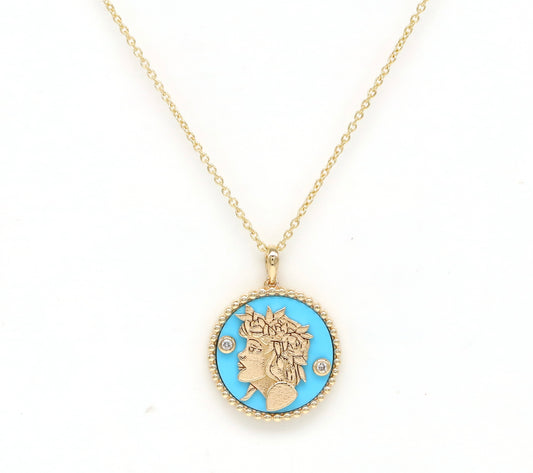 14K Gold Turquoise & Diamond Virgo Horoscope Medallion