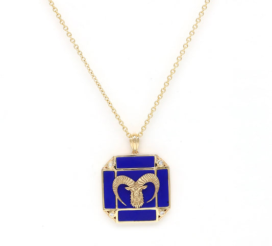 14K Gold Lapis & Diamond Aries Horoscope Square Pendant Necklace