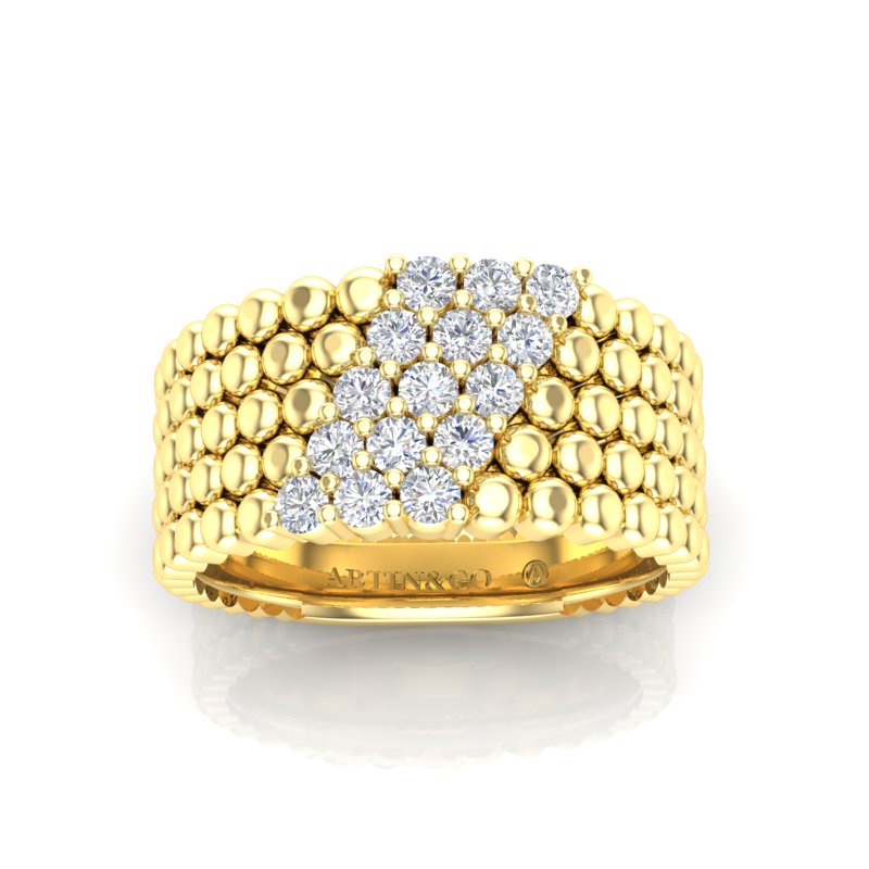 14K Yellow Gold Modern Three Rows Beaded Pattern Prong Set Diamond Band Ring - Abtin & Company 