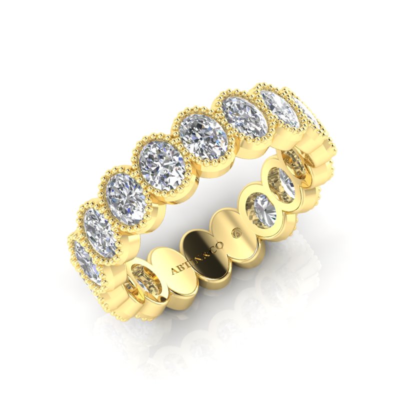 14K Gold Oval Cut Three Quarter Way Eternity Milgrain Bezel Set Lab Grown Diamond Wedding Band Ring - Abtin & Company 