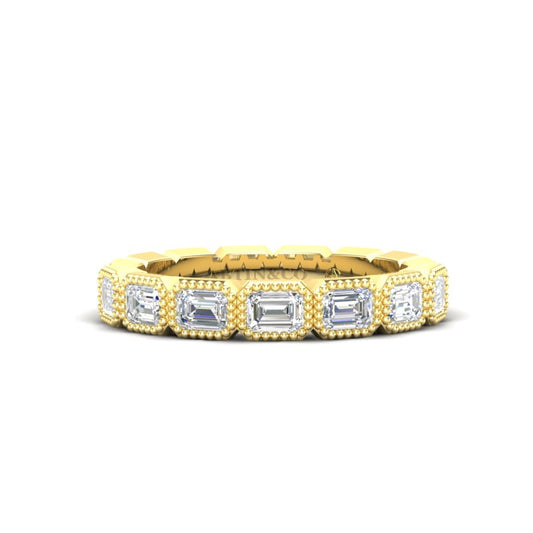 14K Gold Emerald Cut Halfway East West Eternity Milgrain Bezel Set Lab Grown Diamond Wedding Band Ring - Abtin & Company 