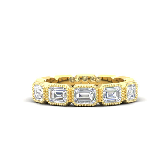 14K Gold Emerald Cut Halfway East West Eternity Milgrain Bezel Set Lab Grown Diamond Wedding Band Ring - Abtin & Company 