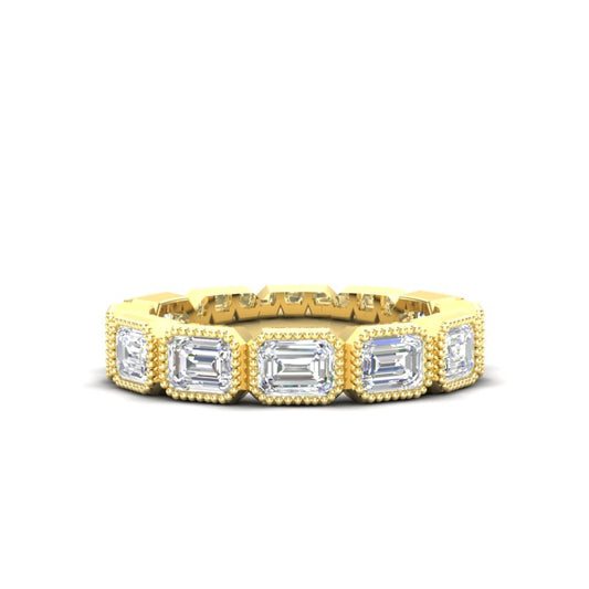 14K Gold Emerald Cut Three Quarter Way East West Eternity Milgrain Bezel Set Lab Grown Diamond Wedding Band Ring - Abtin & Company 