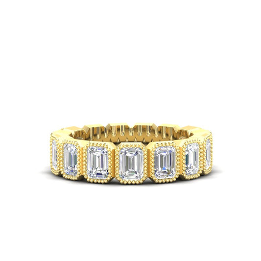 14K Gold Emerald Cut Three Quarter Way Vertical Eternity Milgrain Bezel Set Lab Grown Diamond Wedding Band Ring - Abtin & Company 