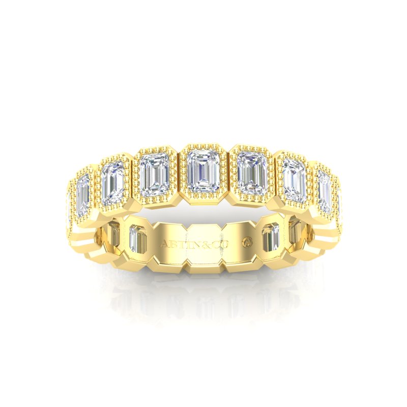 14K Gold Emerald Cut Three Quarter Way Vertical Eternity Milgrain Bezel Set Lab Grown Diamond Wedding Band Ring - Abtin & Company 