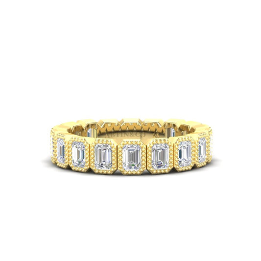 14K Gold Emerald Cut Three Quarter Way Vertical Eternity Milgrain Bezel Set Lab Grown Diamond Wedding Band Ring - Abtin & Company 