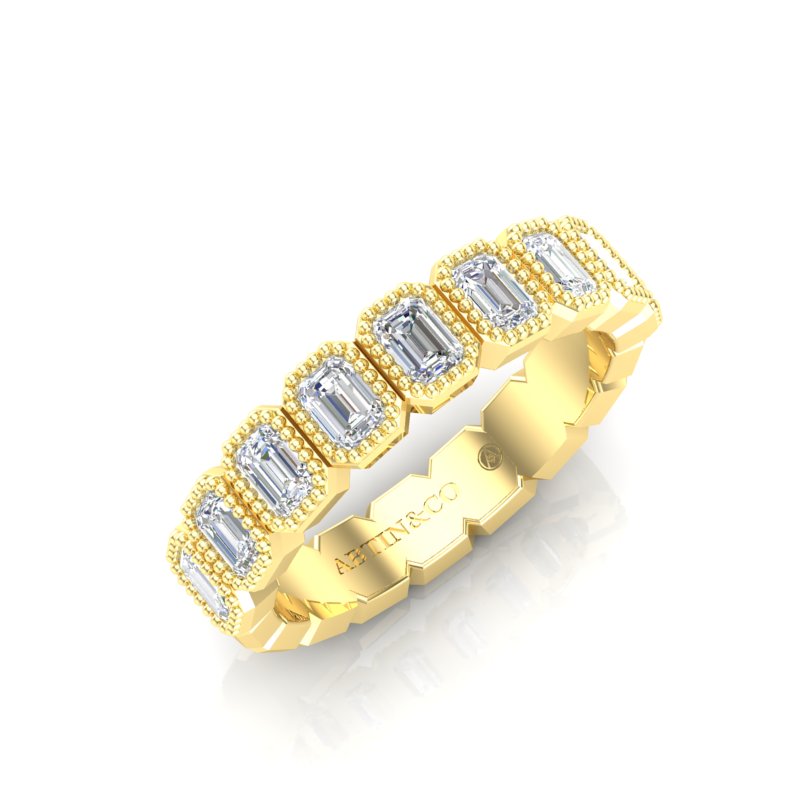 14K Gold Emerald Cut Halfway Vertical Eternity Milgrain Bezel Set Lab Grown Diamond Wedding Band Ring - Abtin & Company 