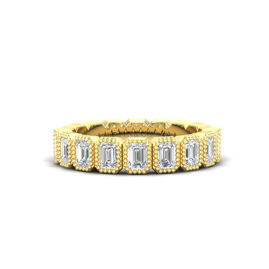 14K Gold Emerald Cut Halfway Vertical Eternity Milgrain Bezel Set Lab Grown Diamond Wedding Band Ring - Abtin & Company 