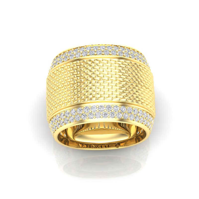 14K Yellow Gold Classic Wide Patterned Border Cigar Diamond Band Ring - Abtin & Company 