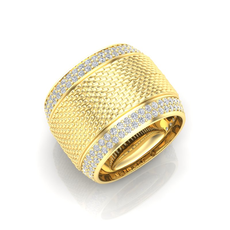 14K Yellow Gold Classic Wide Patterned Border Cigar Diamond Band Ring - Abtin & Company 