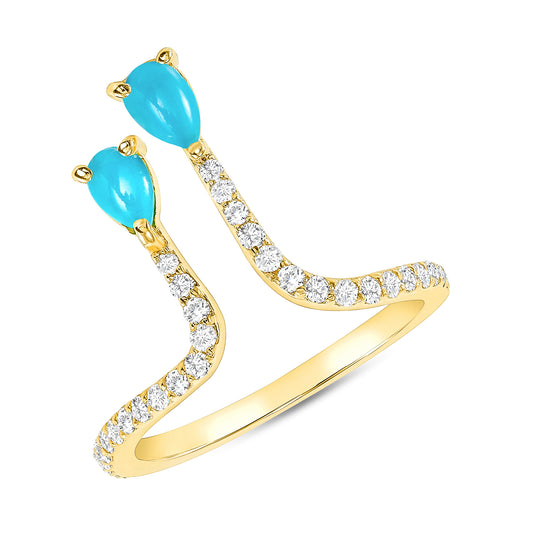 14K Yellow Gold Diamond and Turquoise Double Bar Ring - Abtin & Company 