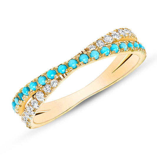 14K Yellow Gold Diamond & Turquoise Criss-Cross Band - Abtin & Company 