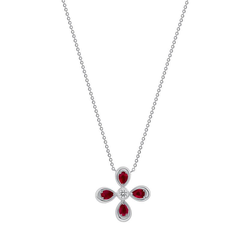 14K White Gold Ruby & Diamond Flower Pendant,  Pendant, Pendant, Belarino