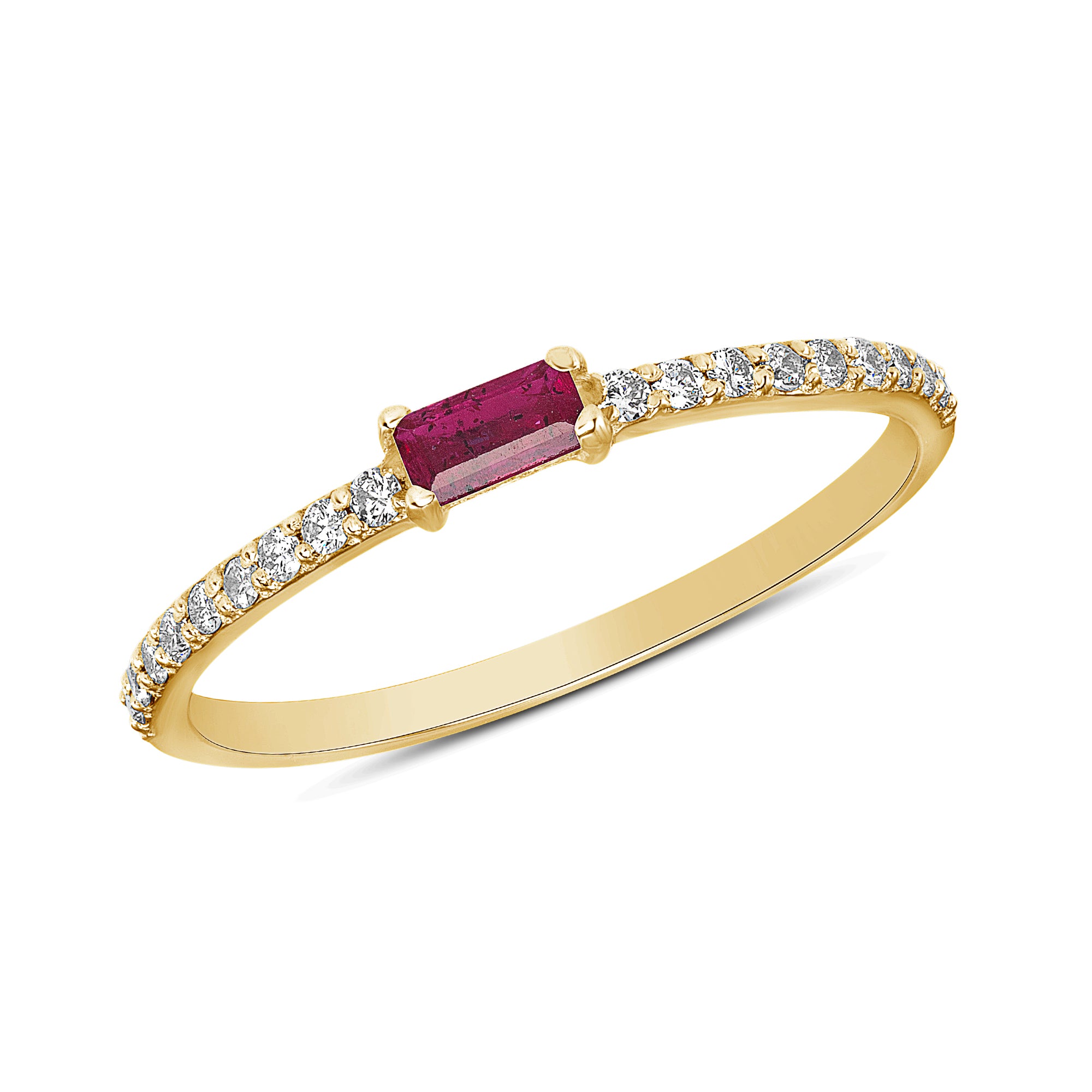 14K Yellow Gold Diamond & Ruby Baguette Stackable Minimal Dainty Band,  Color Stones, ABB-107Y-RUD, Color Stones, ruby and diamond minimal ring, ruby and diamond stacking ring, ruby birthstone ring, Belarino