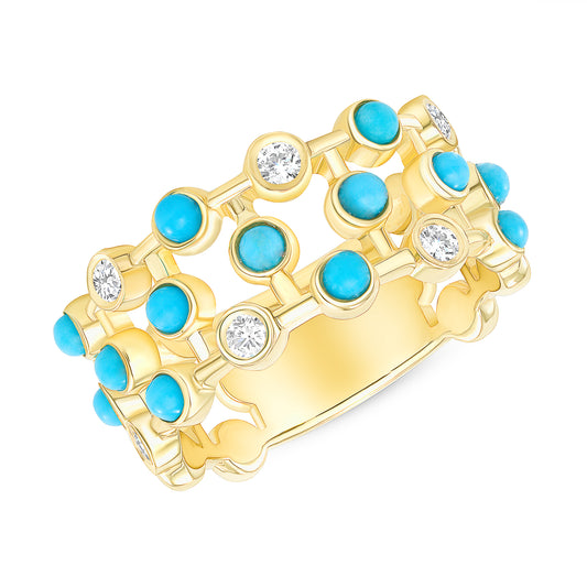 14K Yellow Gold Diamond & Turquoise Bezel Set Bubble Ring - Abtin & Company 