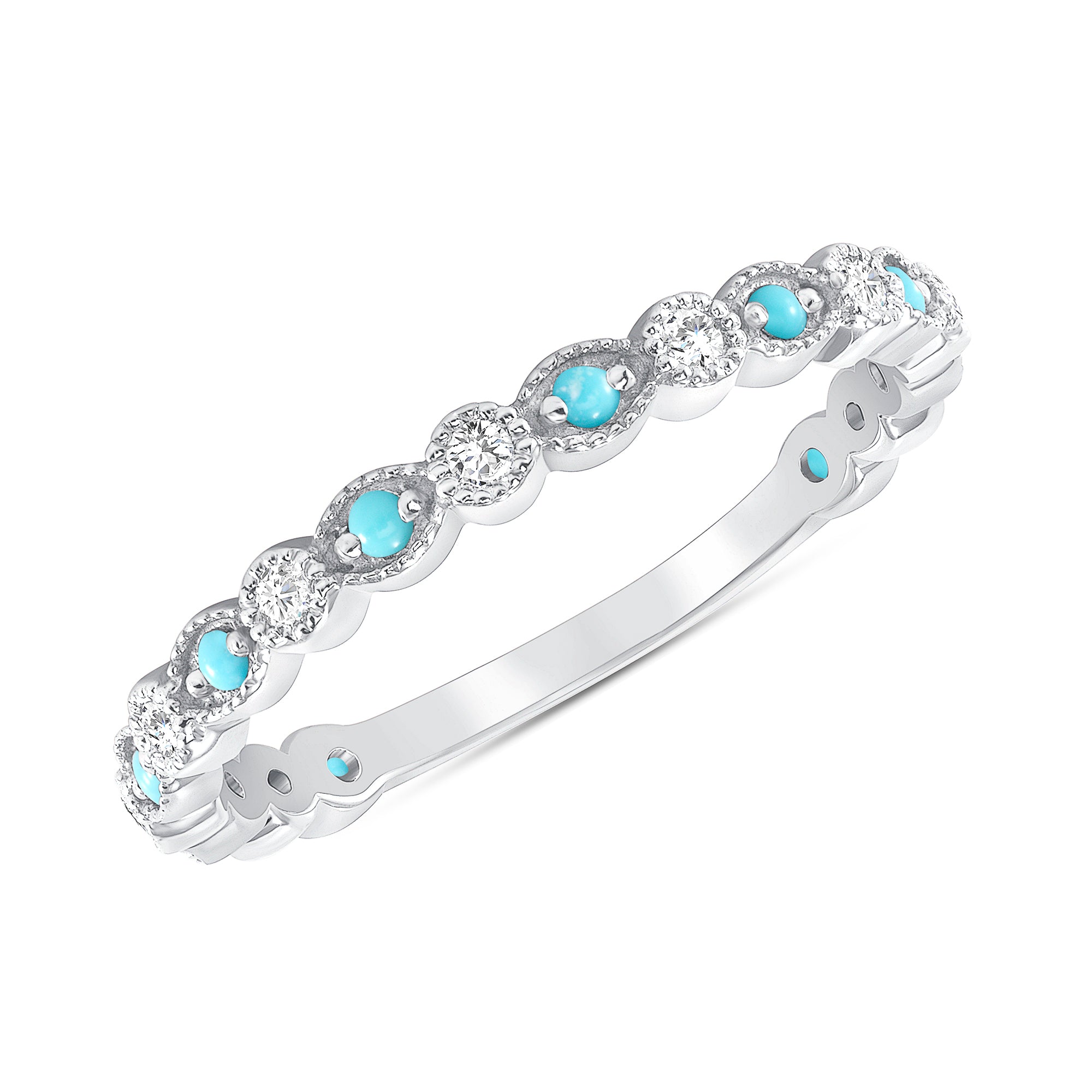 14K Diamond and Turquoise Milgrain vintage Stacking ring - Abtin & Company 