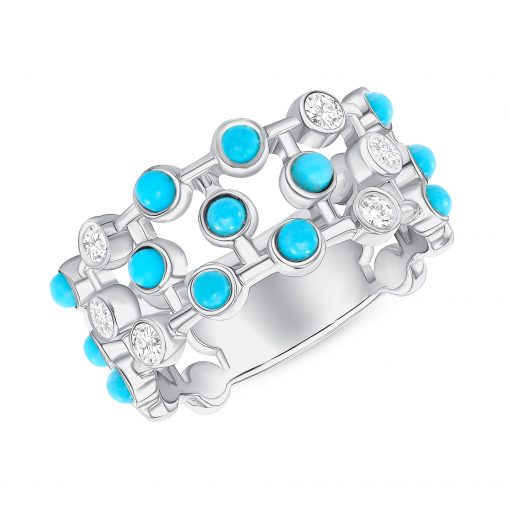 14K Diamond & Turquoise Bezel-set Ring. GDDB- 218V6W-TQDD,  Rings & Stackable Bands, Rings & Stackable Bands, Belarino