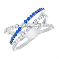 14K Diamond & Blue Sapphire Criss-Cross Ring. GGDB-286V1W-BSDD,  Rings, Color Stones, colorstone rings, Belarino