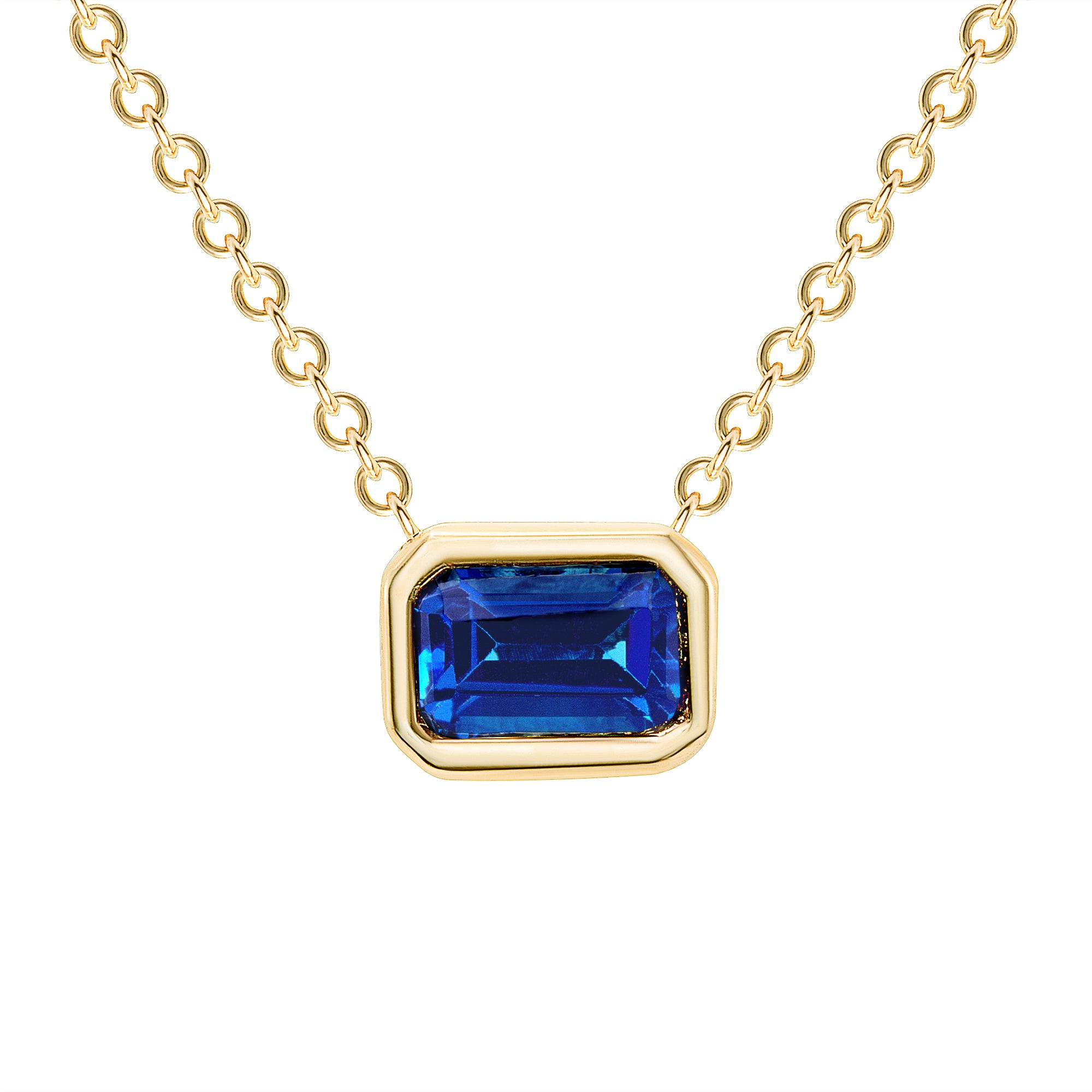 14K Emerald Cut Blue Sapphire Bezel Necklace. GGDN-143Y-BSF,  Necklace, Necklace, Belarino