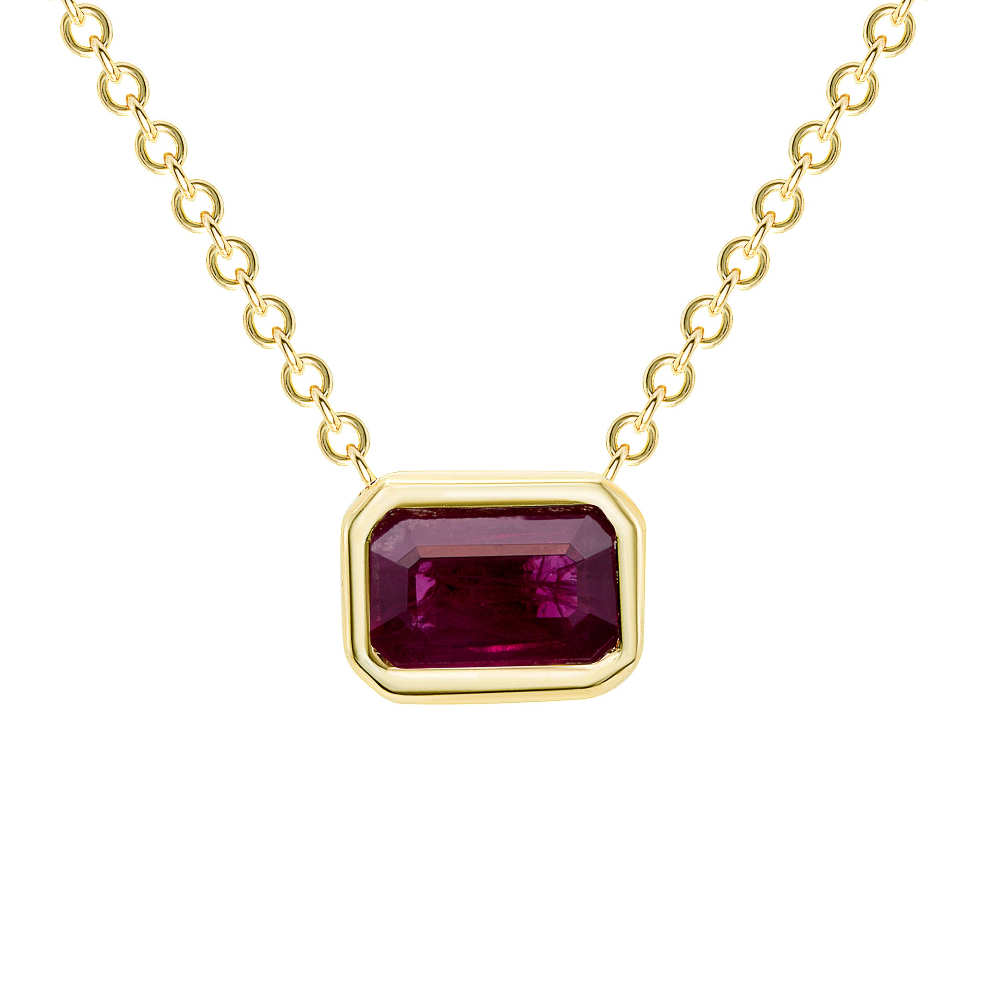 14K Emerald Cut Ruby Bezel Necklace. GGDN-143Y-RUF,  Necklace, Necklace, Belarino