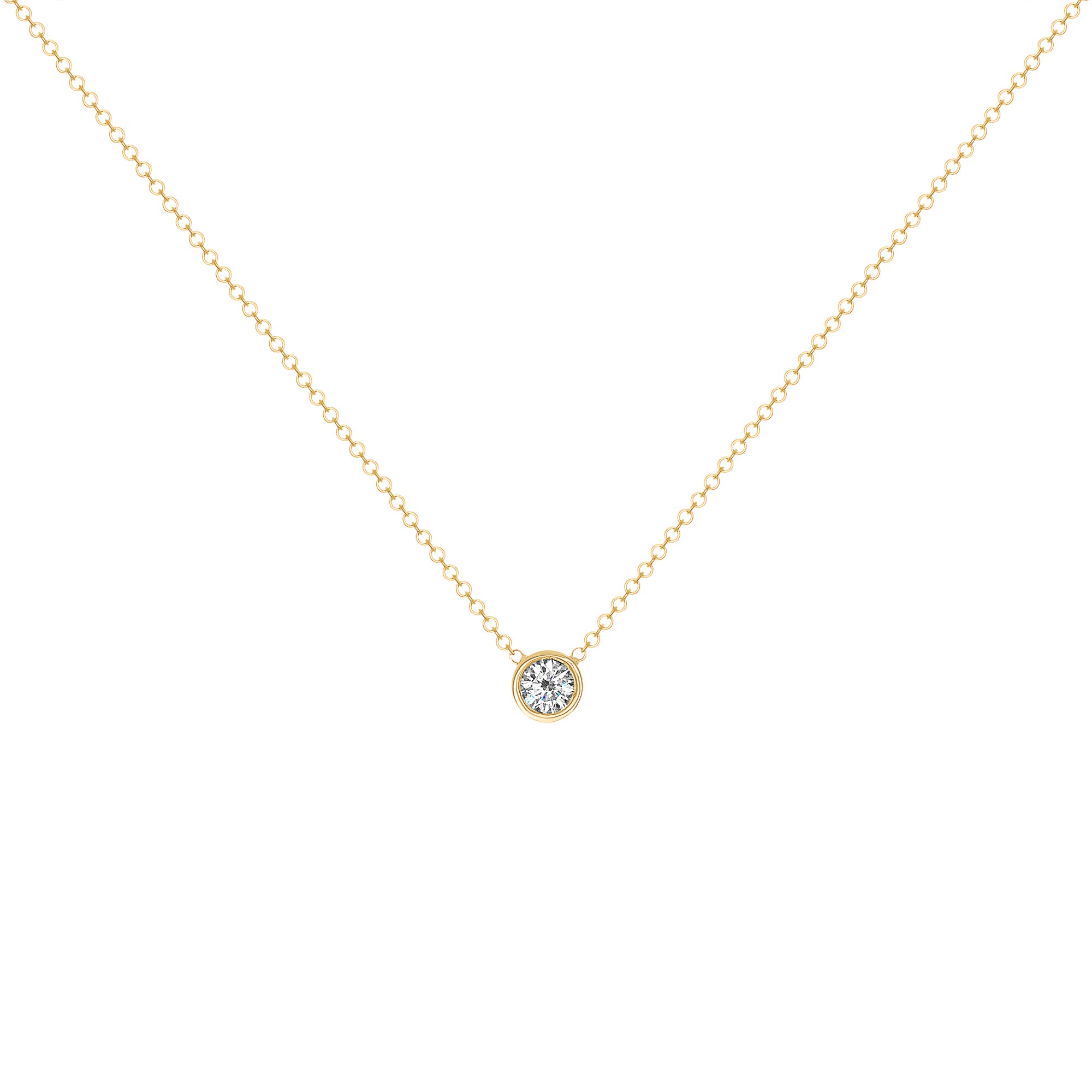 14K Gold Diamond Solitaire Necklace Bezel Set Pendant/Round Diamond Necklace - Abtin & Company 