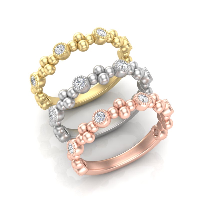 14k Gold Diamond Beaded Milgrain Bezel Stackable Ring Wedding Band - Abtin & Company 