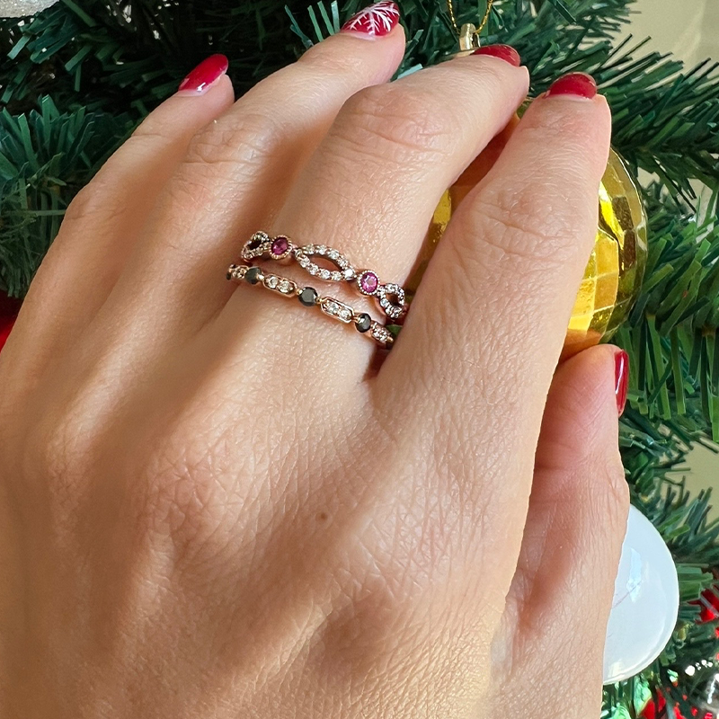 14K Rose Gold Diamond & Ruby Bead & Eye Bezel Set Stacking Ring - Abtin & Company 