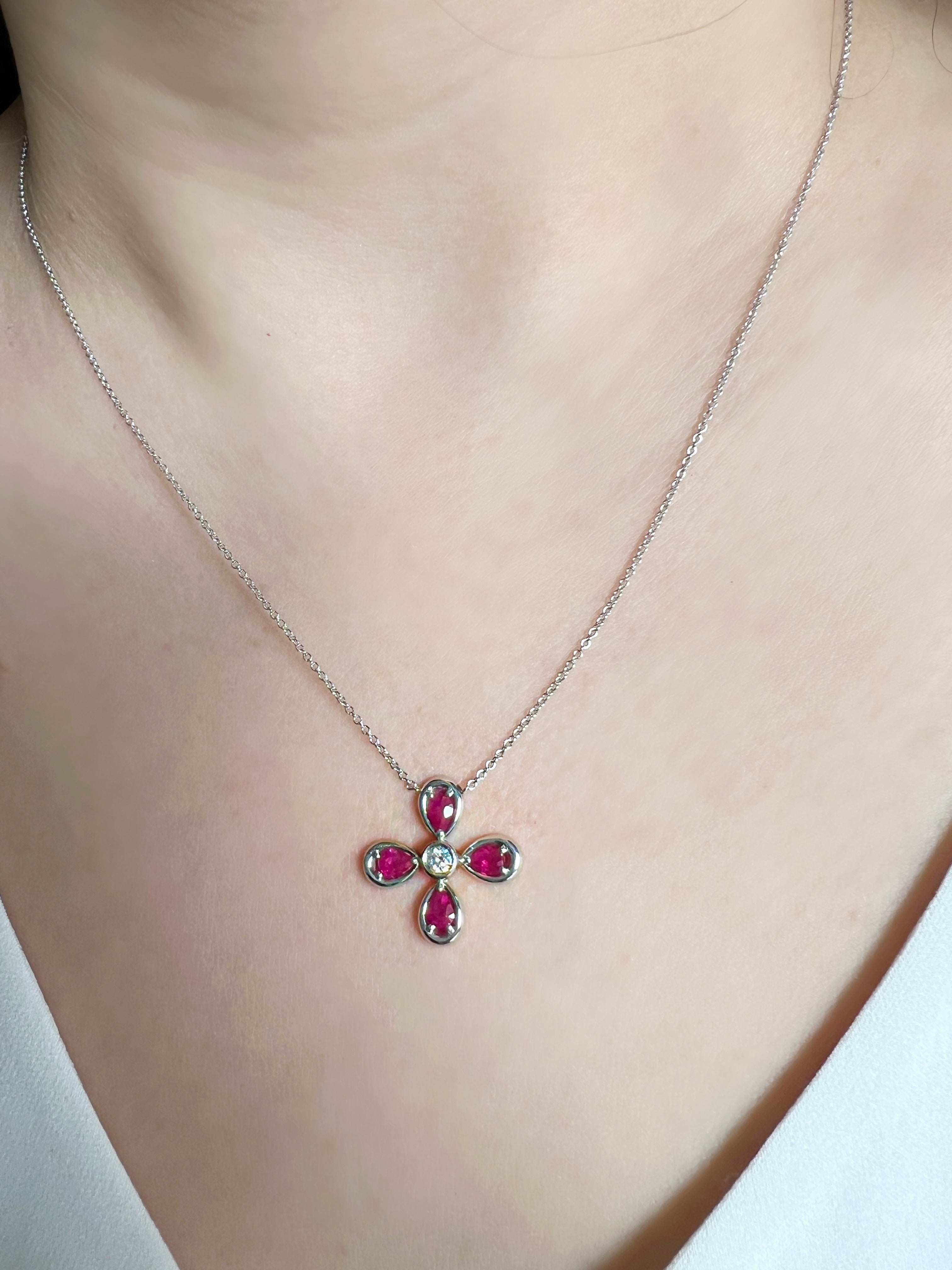 14K White Gold Ruby & Diamond Flower Pendant - Abtin & Company 