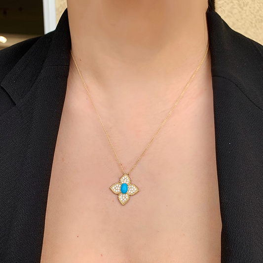 14K Yellow Gold Diamond & Turquoise Necklace/Pendant - Abtin & Company 