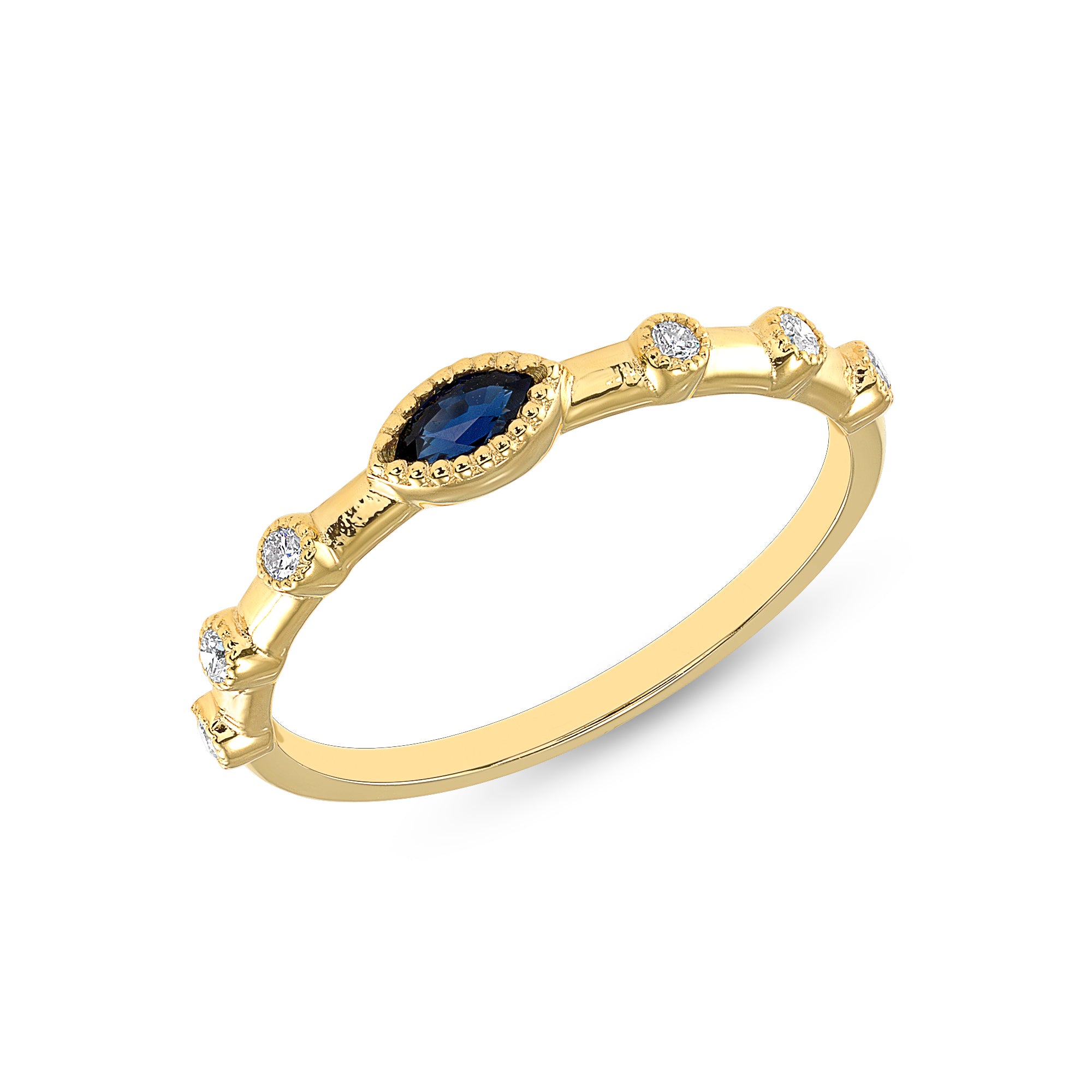 14K Yellow Gold Marquise Blue Sapphire & Diamond Bezel Set Stacking Band,  Color Stones, ABB-106-BSD, blue sapphire and diamond stacking ring, blue sapphire marquise design ring, Color Stones, Belarino