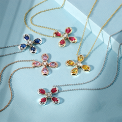 14K White Gold  Blue Sapphire & Diamond Flower Pendant,  Pendant, Pendant, Belarino